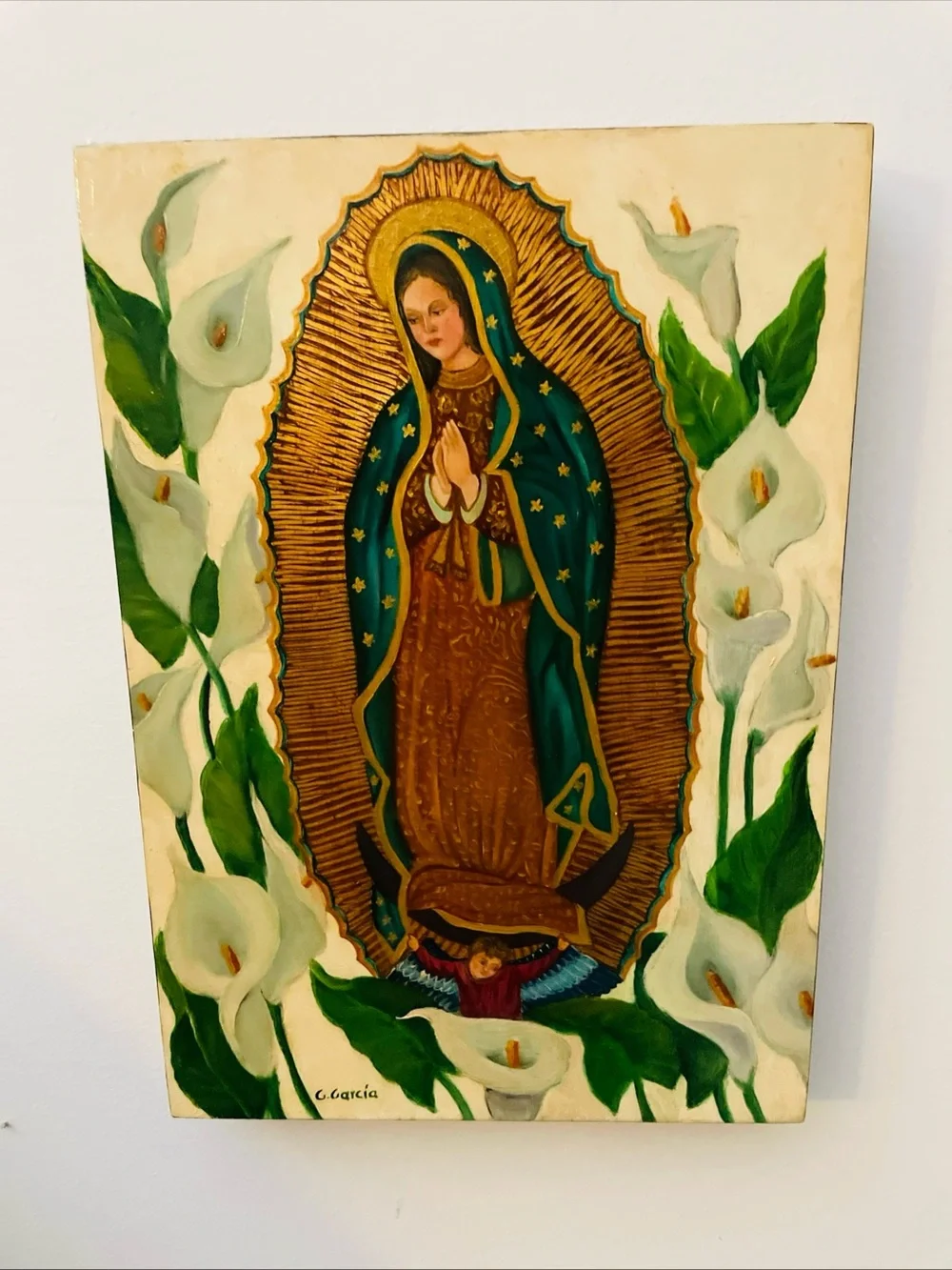 Claudia Garcia-Mexican folk art artist-our lady of Guadalupe-oil on wood-signed